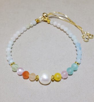 Handmade Nature Gemstone Bracelet with Freshwater Pearl – Gradient Aquamarine handmade