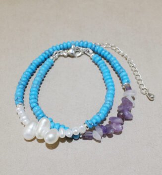 Handmade Nature Gemstone Bracelet with Freshwater Pearl Black Veined Turquoise