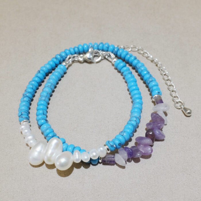 Handmade Nature Gemstone Bracelet with Freshwater Pearl Black Veined Turquoise