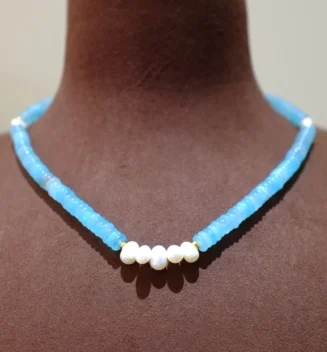 Handmade Nature Gemstone Necklace with Freshwater Pearl Blue Apatite Necklace