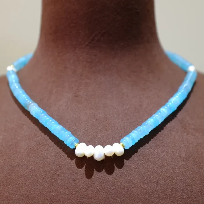 Handmade Nature Gemstone Necklace with Freshwater Pearl Blue Apatite Necklace