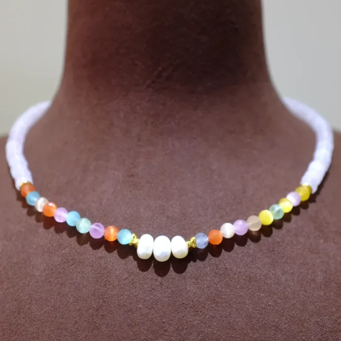 Handmade Nature Gemstone Necklace with Freshwater Pearl Rose Quartz chrysoberyl