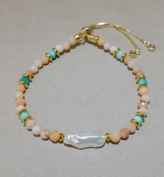 Handmade Nature Gemstone Bracelet with Freshwater Pearl – Pink Aventurine