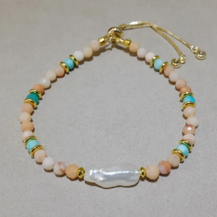 Handmade Nature Gemstone Bracelet with Freshwater Pearl – Pink Aventurine