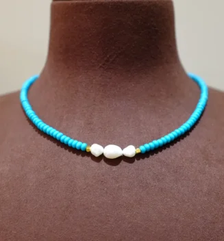 Petite Gleam Handmade Nature Gemstone Necklace with Freshwater Pearl Turquoise Necklace