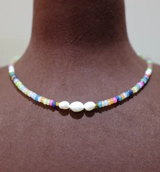 Handmade Nature Gemstone Necklace with Freshwater Pearl – Multicolor Gemstone Radiant necklace