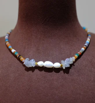 Handmade Nature Gemstone Necklace with Freshwater Pearl Multigem Cylinder baroque Necklace