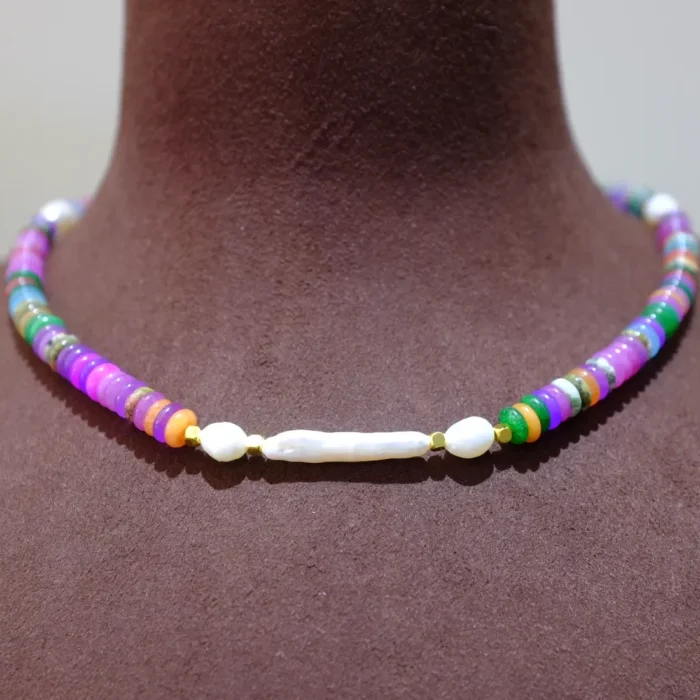 Handmade Nature Gemstone Necklace with Freshwater Pearl Colorful Gemstone