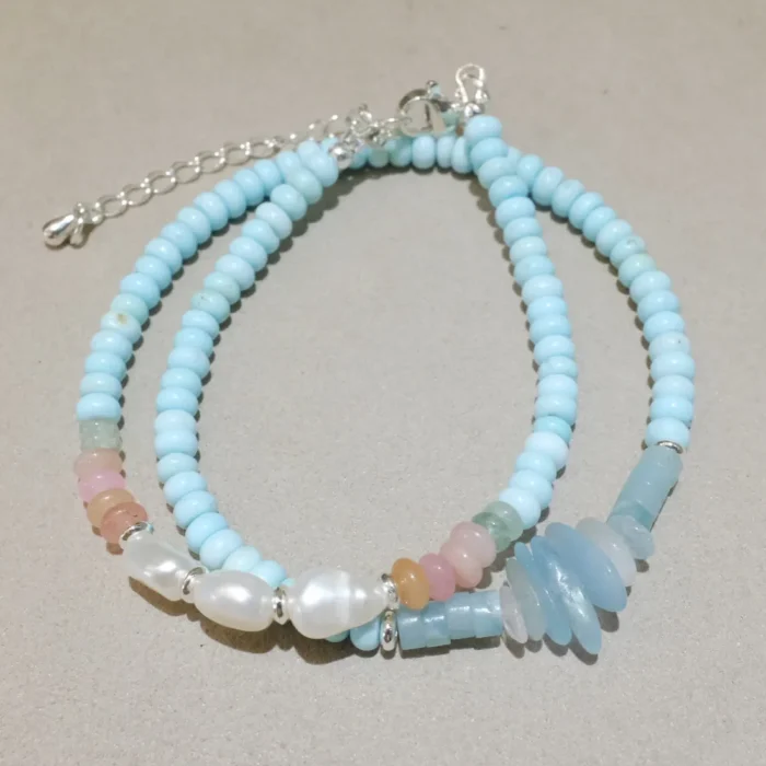 Handmade Nature Gemstone Bracelet with Freshwater Pearl Blue Turquoise