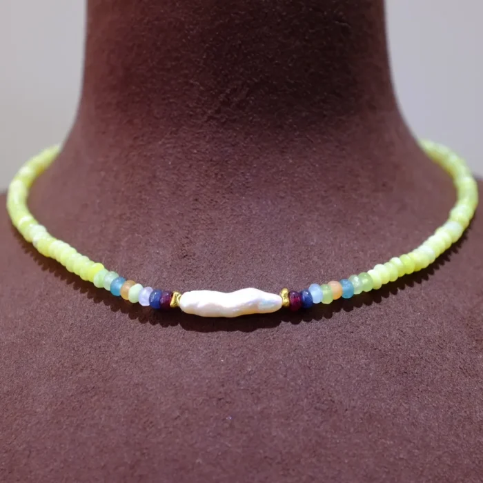 Handmade Nature Gemstone Necklace with Freshwater Pearl – Yellow-Green Turquoise Necklace