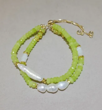 Handmade Nature Gemstone Bracelet with Freshwater Pearl Olivine Jade