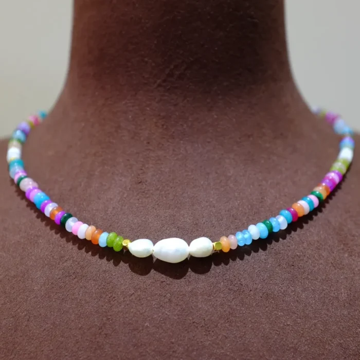 Handmade Nature Gemstone Necklace with Freshwater Pearl – Multicolor Gemstone baroque style