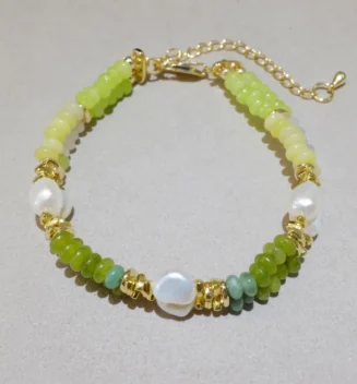 Handmade Nature Gemstone Bracelet with Freshwater Pearl Olivine Jade Bracelet