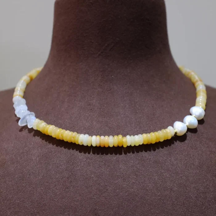 Handmade Nature Gemstone Necklace with Freshwater Pearl Light Yellow Jade