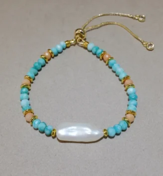 Handmade Nature Gemstone Bracelet with Freshwater Pearl Jade and Pink Aventurine