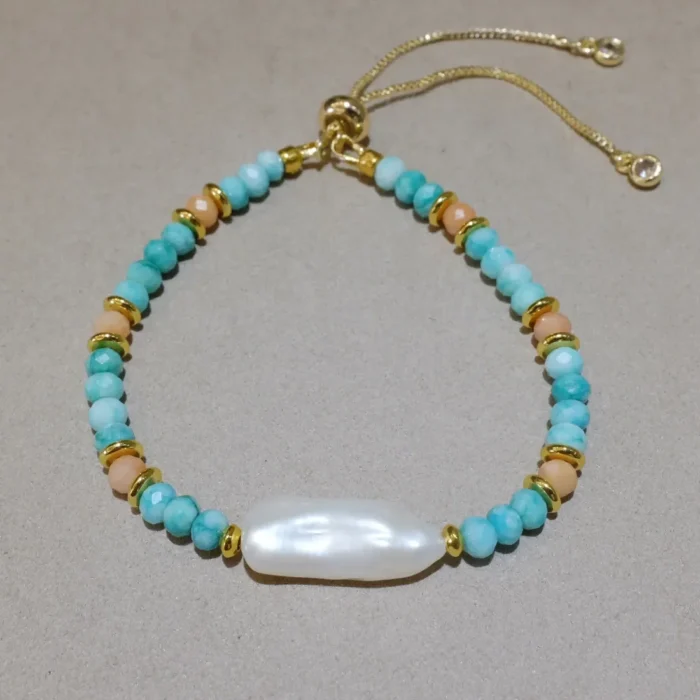 Handmade Nature Gemstone Bracelet with Freshwater Pearl Jade and Pink Aventurine