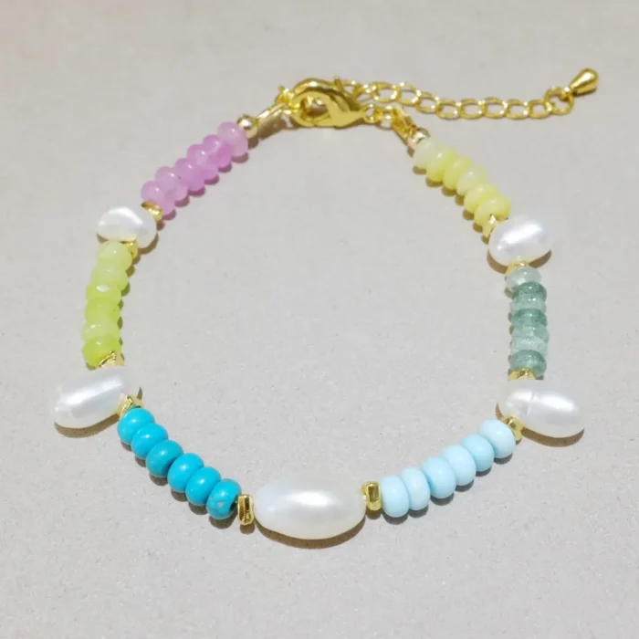 Handmade Nature Gemstone Bracelet with Freshwater Pearl – Mixed Turquoise & Amethyst