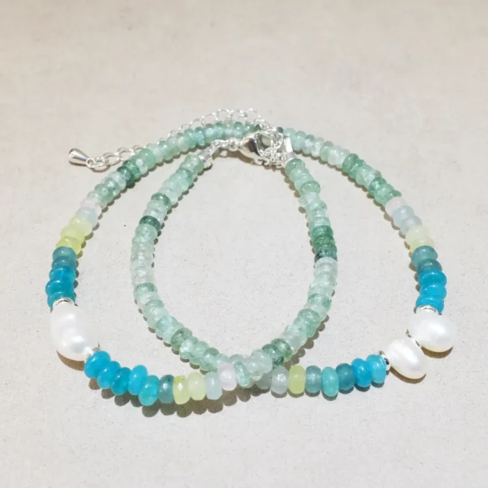 Handmade Nature Gemstone Bracelet with Freshwater Pearl Green Strawberry Quartz
