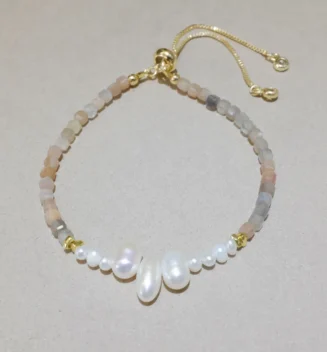 Handmade Nature Gemstone Bracelet with Freshwater Pearl Sunstone Bracelet