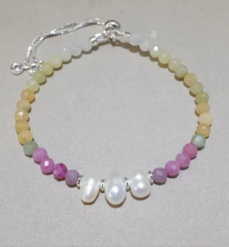 Handmade Nature Gemstone Bracelet with Freshwater Pearl Tourmaline Petite Gleam Handmade